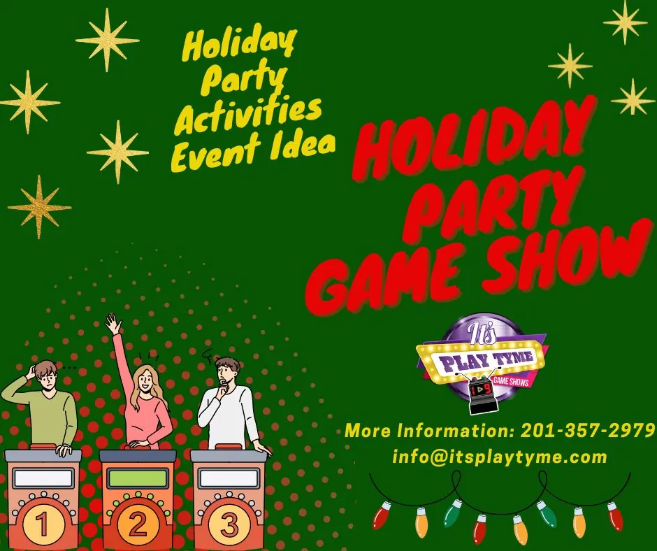 Holiday party game show from It's PlayTyme Game Shows, with three contestants at buzzer podiums