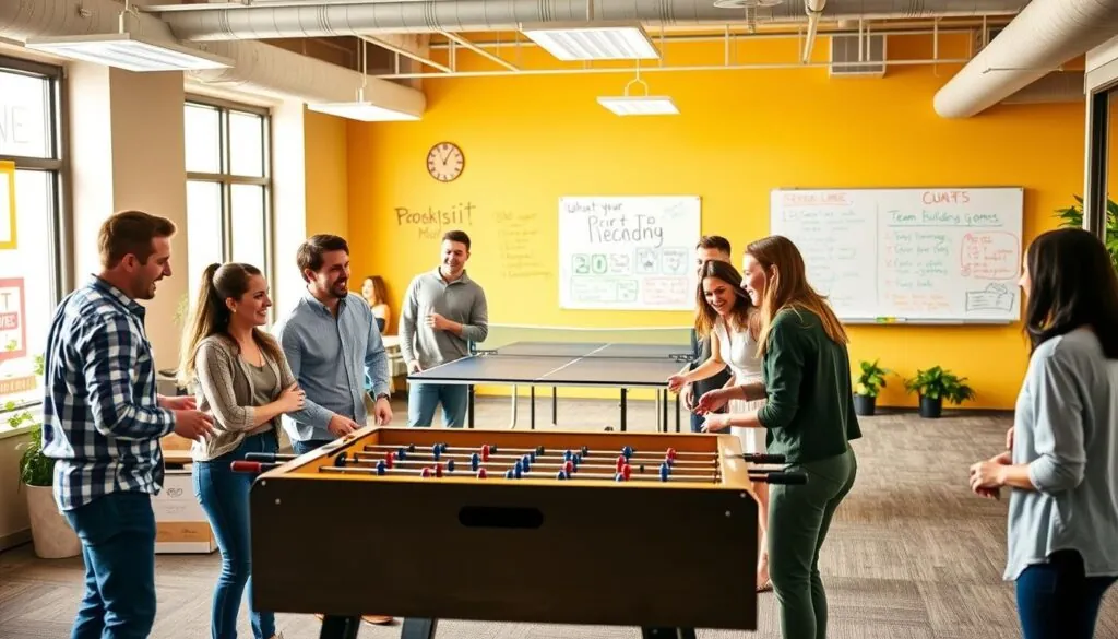 Colleagues taking part in an interactive office game