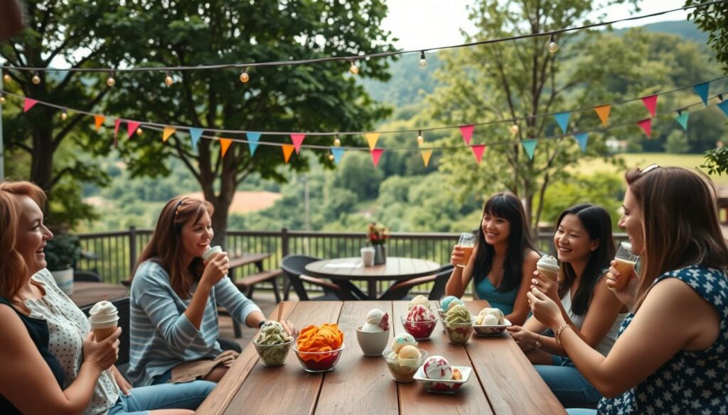 A cozy outdoor scene of a company retreat in Bergen County, with an ice cream social in full swing. In the foreground, a group of colleagues gathered around a quaint wooden table, enjoying creamy scoops of artisanal ice cream in a variety of vibrant flavors. In the middle ground, string lights cast a warm glow over the scene, illuminating the lush, verdant trees and colorful decorations adorning the space. In the background, a picturesque view of the rolling hills and lush greenery characteristic of Bergen County, New Jersey. The atmosphere is one of camaraderie, indulgence, and a palpable sense of summer bliss.