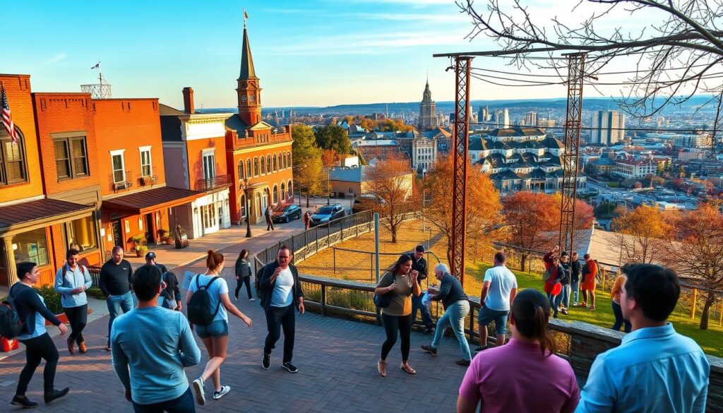A dynamic team-building event set against the vibrant backdrop of Bergen County, New Jersey. In the foreground, a group of coworkers engaged in a thrilling scavenger hunt, navigating through the charming streets and historic landmarks of Hackensack. Midground, a lively outdoor activity such as an obstacle course or a high-ropes challenge, with participants working together to overcome obstacles. In the background, a glimpse of the picturesque landscapes and urban skyline that define the unique character of this region. The scene is illuminated by warm, natural lighting, capturing the energy, camaraderie, and sense of adventure that characterize these one-of-a-kind corporate team-building experiences.