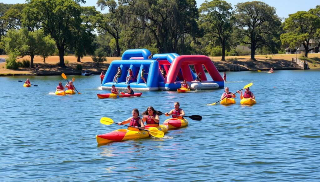 A sun-drenched waterfront in New Jersey, where a group of colleagues engage in a lively team building exercise. In the foreground, a group of people in vibrant swimwear and life jackets paddle enthusiastically in colorful kayaks, navigating the calm, reflective waters. In the middle ground, a large inflatable obstacle course rises from the surface, with participants climbing, jumping, and splashing through the playful challenges. Towering trees line the banks, casting gentle shadows on the scene. The atmosphere is one of camaraderie, laughter, and a sense of adventure, as the team works together to conquer the water-themed activities.