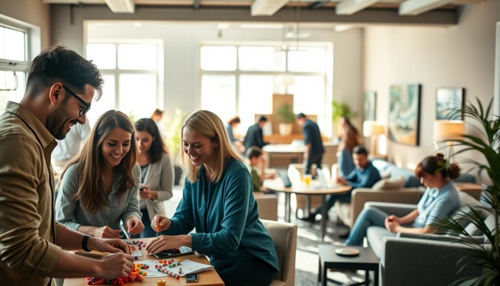 A sunlit indoor space with a diverse group of people engaged in creative team-building activities. In the foreground, a group of coworkers collaborating on a hands-on arts and crafts project, their faces animated with concentration and laughter. In the middle ground, another team huddled around a table, playing an interactive strategy game. The background reveals a tastefully decorated lounge area with comfortable seating and a mix of modern and natural decor elements, creating a warm, inviting atmosphere. Soft, diffused lighting illuminates the scene, capturing the sense of camaraderie and productivity. The overall composition conveys a vibrant, dynamic indoor setting ideal for engaging team-building exercises.