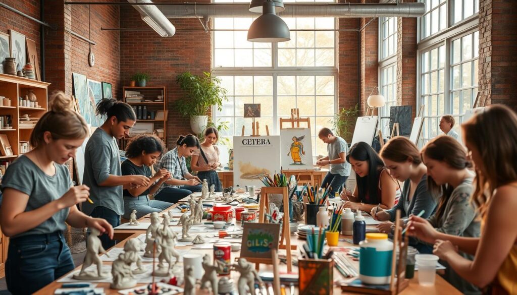 A vibrant and inviting creative workshop in the heart of Hackensack, New Jersey. The foreground features a diverse group of people engaged in various artistic activities - sculpting clay figures, sketching dynamic scenes, and experimenting with colorful paints. The middle ground showcases a well-equipped workspace with an abundance of art supplies, tools, and inspiring visual references. In the background, large windows flood the space with warm, natural lighting, casting a soft, invigorating glow and highlighting the collaborative, energetic atmosphere. A sense of camaraderie and shared creativity permeates the scene, capturing the essence of a team bonding experience in this dynamic, artistic hub.